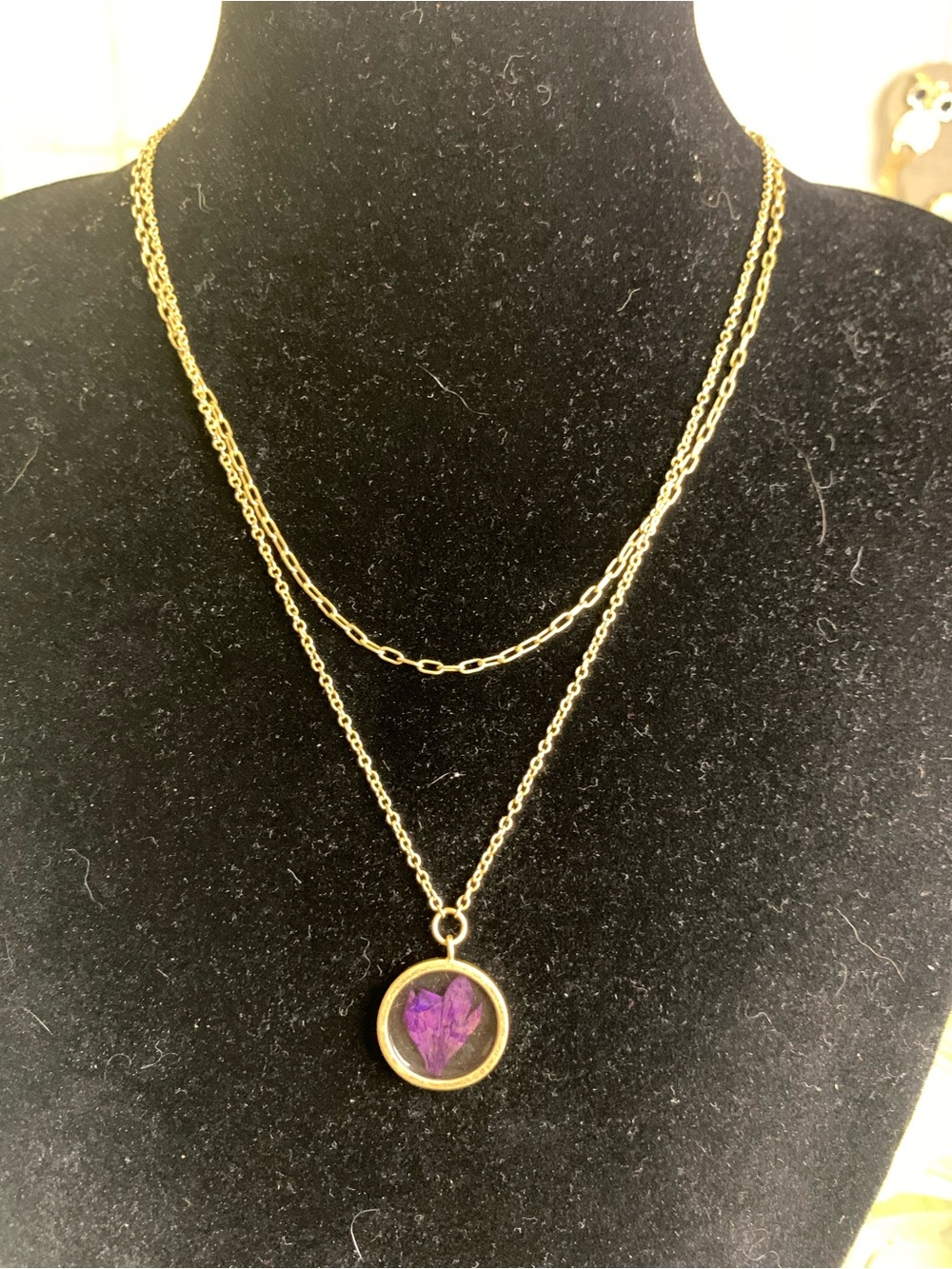 Gold Plated over Stainless Steel Layered Necklace with Purple Flower Pendant